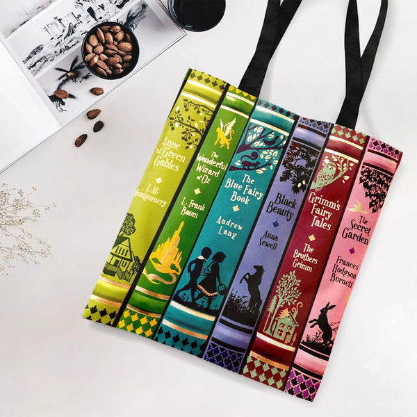 Classic Book Spines Tote Bag | Vintage Children's Literature Bookshelf Art | Premium Twill Diamond-Grid Fabric | Gift for Boo