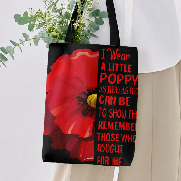 Red Poppy Remembrance Tote Bag | I Wear A Little Poppy Veterans Memorial Quote Art | Premium Twill Diamond-Grid Texture | Gif