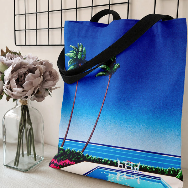 Palm Tree Poolside Tote Bag | Retro California Swimming Pool Illustration | Premium Twill Diamond-Grid Fabric | Aesthetic Sum