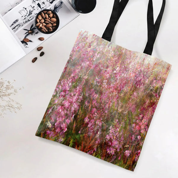 Pink Wildflower Meadow Tote Bag | Impressionist Floral Oil Painting Art | Premium Twill Diamond-Grid Fabric | Aesthetic Gift 