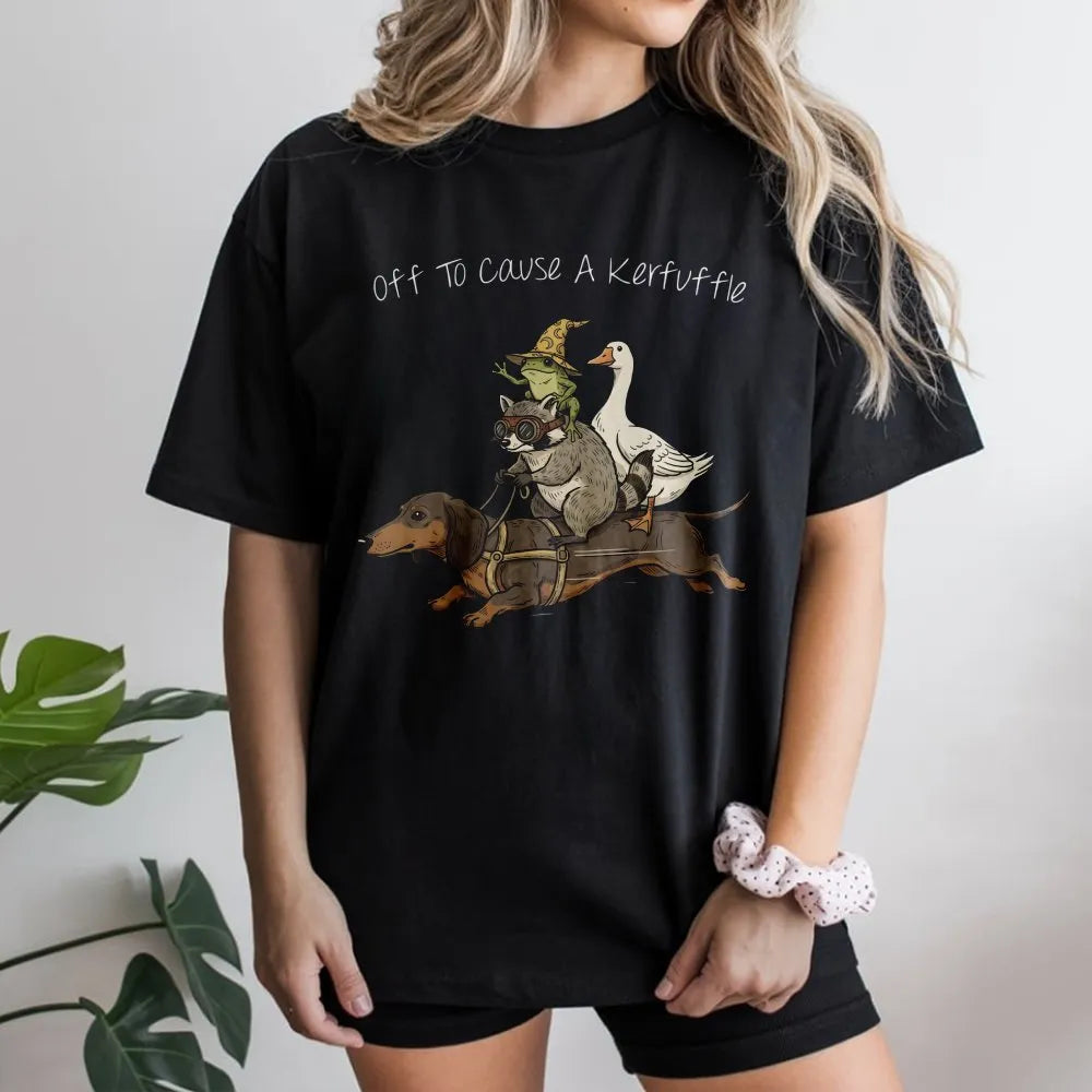 Off To Cause A Kerfuffle T-Shirt | Dachshund Raccoon Goose Frog Graphic | Soft Cotton Tee | Funny Animal Meme Lover Gift
