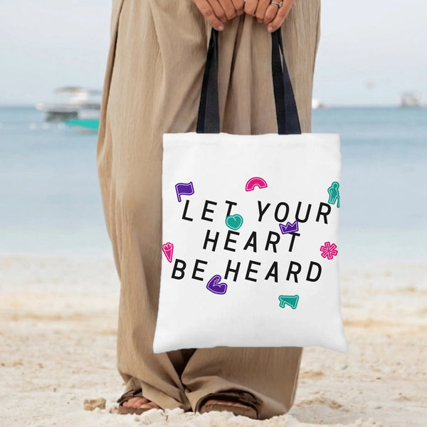 Let Your Heart Be Heard Tote Bag | Bold Typography with Colorful Empowerment Icons | Premium Twill Fabric Tote | Empowerment 