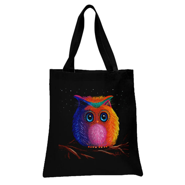 Rainbow Owl Tote Bag | Colorful Whimsical Owl Perched on Branch Under Starry Night | Premium Twill Fabric | Gift for Owl Love