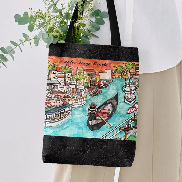 Naples Long Beach Tote Bag | Whimsical Watercolor Beach Town Illustration | Premium Composite Twill Fabric | Gift for Beach L