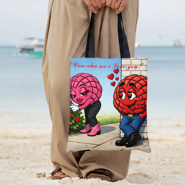 Concha Love Tote Bag | Cute Mexican Pan Dulce Couple Cartoon Art | Premium Twill Diamond-Grid Fabric | Romantic Gift for Pan 