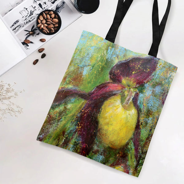 Lady Slipper Orchid Tote Bag | Impressionist Wildflower Oil Painting Art | Premium Twill Diamond-Grid Texture | Aesthetic Gif