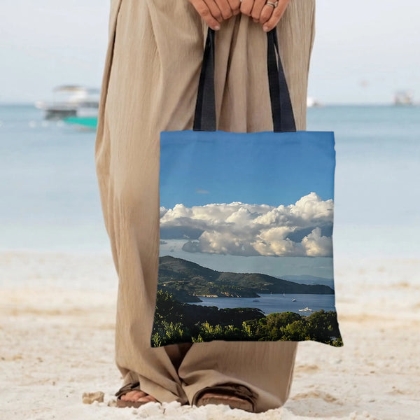 Mountain Lake Landscape Tote Bag | Scenic Hillside and Clouds Photography Print | Premium Composite Twill Fabric | Gift for N