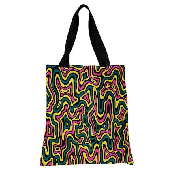 Psychedelic Swirl Tote Bag | Neon Wavy Abstract Pattern on Black | Premium Composite Twill Fabric | Aesthetic Gift for Her