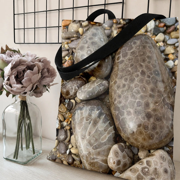 Petoskey Stone Tote Bag | Michigan Fossil Coral Beach Rocks Photography Print | Premium Twill Diamond-Grid Texture | Gift for