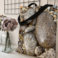 Petoskey Stone Tote Bag | Michigan Fossil Coral Beach Rocks Photography Print | Premium Twill Diamond-Grid Texture | Gift for Rock Collector & Geology Lover
