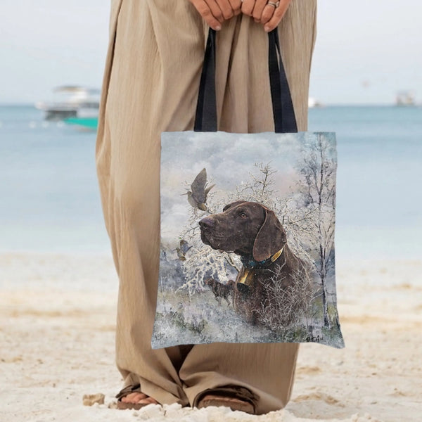 Hunting Dog Tote Bag | Winter Woodland Bird Watercolor Art | Premium Twill Fabric | Gift for Dog Lover and Hunter