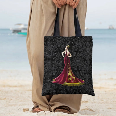 Elegant Lady in Red Gown Tote Bag | Glamorous Fashion Illustration on Damask Pattern | Premium Composite Twill Fabric | Aesthetic Gift for Fashion Lovers
