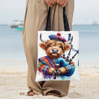 Highland Cow Bagpiper Tote Bag | Scottish Tartan Watercolor Art | Premium Twill Diamond-Grid Fabric | Unique Gift for Scotland Lovers