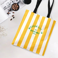 Michigan City Indiana Family Vacation Tote Bag | Yellow & White Cabana Stripe Beach Design | Premium Twill Fabric | Personalized Family Trip Gift