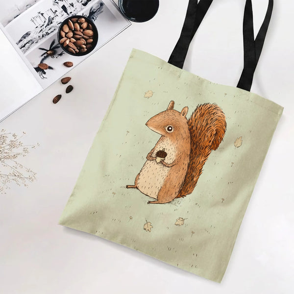 Squirrel Tote Bag | Cute Woodland Squirrel with Acorn Illustration | Premium Twill Fabric with Diamond-Grid Texture | Gift fo