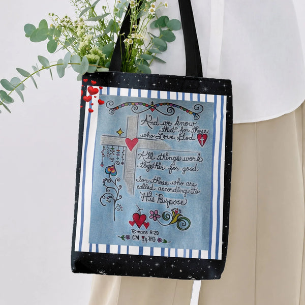 Romans 8:28 Bible Verse Tote Bag | Hand-Lettered Scripture Cross Art | Premium Composite Twill Fabric | Gift for Christian Wo