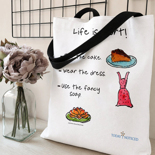 Life Is Short Tote Bag | Funny Eat the Cake Watercolor Illustration | Premium Twill Diamond-Grid Texture | Inspirational Gift