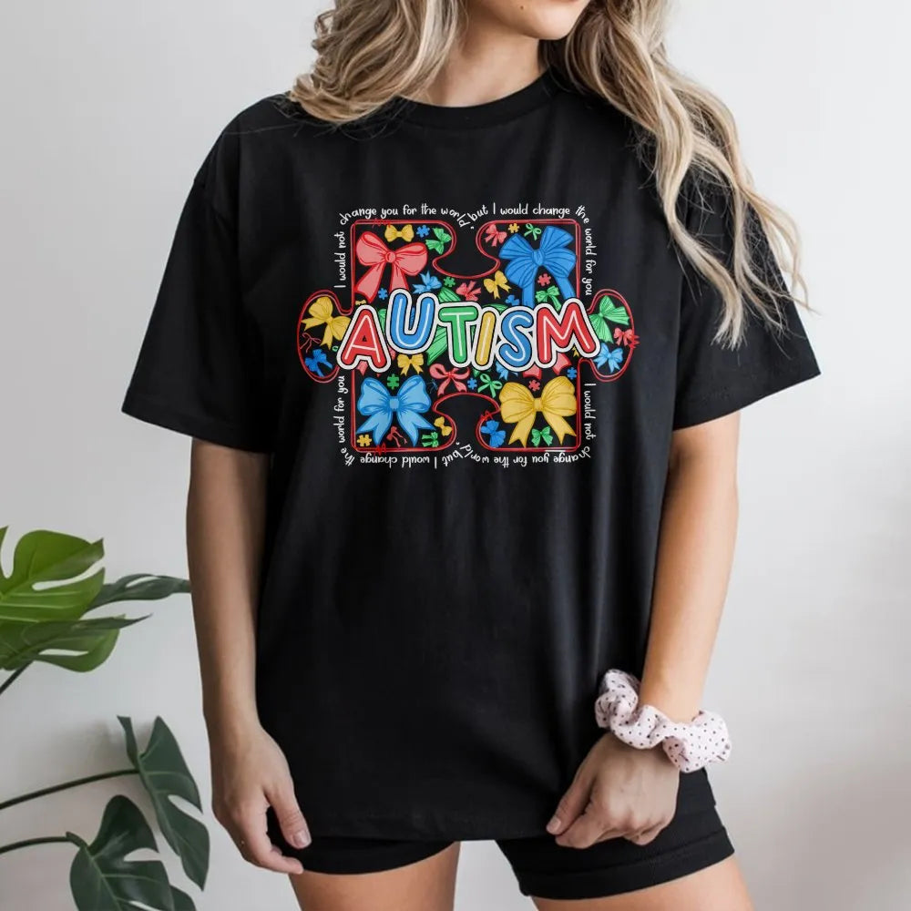 Autism Awareness T-Shirt | Colorful Puzzle Piece Bow Graphic | Soft Cotton Tee | Neurodiversity Advocate Support Gift
