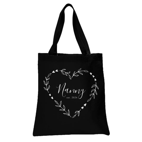 Nanny Est 2026 Tote Bag | Botanical Heart Wreath Calligraphy Design | Premium Twill Diamond-Grid Texture | Sentimental Gift f