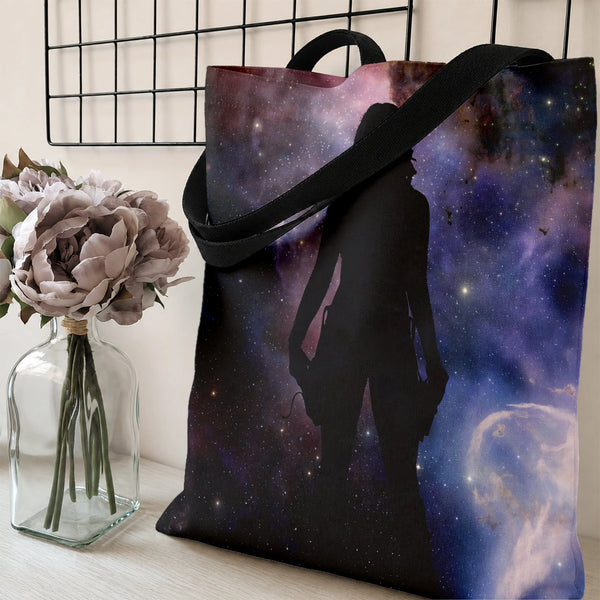 Galaxy Woman Silhouette Tote Bag | Cosmic Nebula Stargazer Art | Premium Twill Diamond-Grid Fabric | Aesthetic Gift for Space