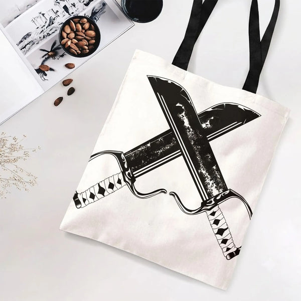 Crossed Swords Tote Bag | Bold Black Ink Katana Blade Illustration | Premium Composite Twill Fabric | Gift for Martial Arts &