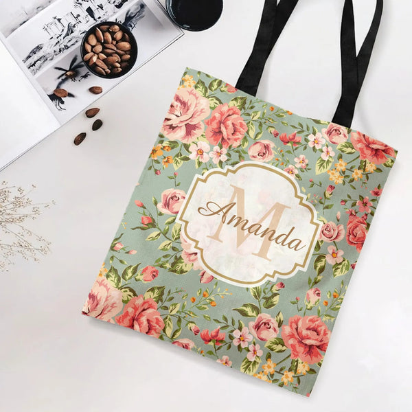 Vintage Floral Tote Bag | Personalized Monogram Roses Garden Design | Premium Twill Fabric | Gift for Her