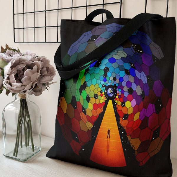 Cosmic Portal Tote Bag | Rainbow Hexagonal Space Tunnel with Lone Figure Art | Premium Twill Diamond-Grid Fabric | Trippy Sci