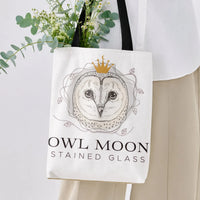 Owl Moon Tote Bag | Stained Glass Crowned Owl Illustration | Premium Composite Twill Fabric | Gift for Nature and Art Lovers
