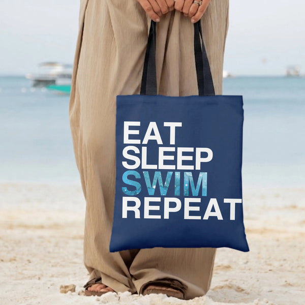 Eat Sleep Swim Repeat Tote Bag | Bold Water-Textured Swimming Typography Art | Premium Twill Diamond-Grid Fabric | Gift for S