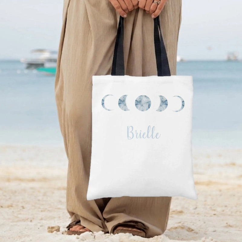 Moon Phases Personalized Tote Bag | Blue Marble Celestial Lunar Art | Premium Twill Diamond-Grid Texture | Aesthetic Gift for Moon Lover