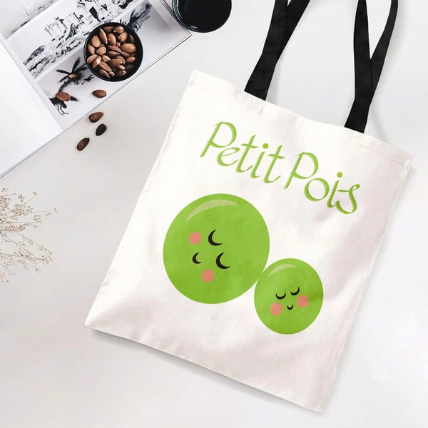 Petit Pois Tote Bag | Cute Kawaii Sleeping Peas Cartoon Art | Premium Twill Diamond-Grid Texture | Adorable Gift for Foodie &