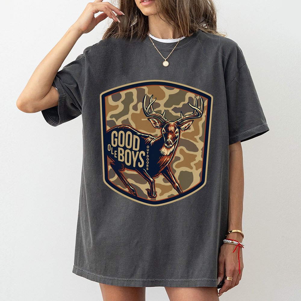 Good Ole Boys Outdoors T-Shirt, Buck Deer Camo Graphic T-Shirt, Country Lifestyle Apparel, Rustic Nature Design T-Shirt