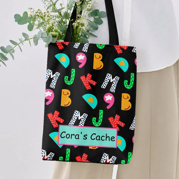 Playful Colorful Letters Tote Bag | Vibrant Patterned Alphabet Design with Hearts and Polka Dots | Premium Twill Fabric | Fun
