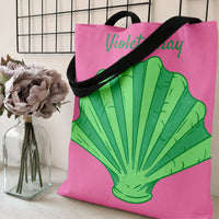 Seashell Tote Bag | Pink and Green Scallop Shell Pop Art Design | Premium Twill Diamond-Grid Texture | Trendy Beach Lover Gift for Her