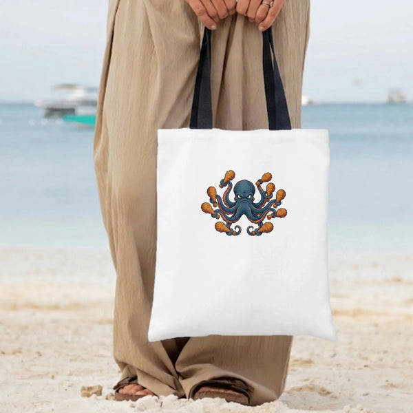 Octopus Fried Chicken Tote Bag | Funny Angry Octopus Holding Drumsticks Art | Premium Twill Diamond-Grid Fabric | Unique Gift