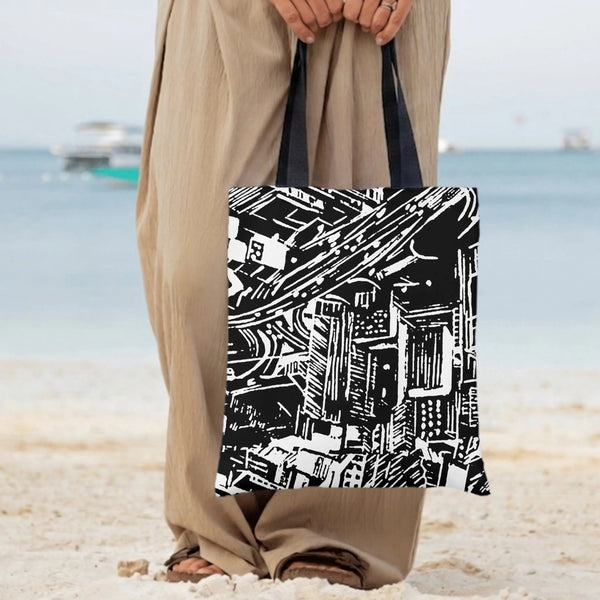 City Skyline Tote Bag | Black and White Linocut Cityscape Print | Premium Twill Fabric with Diamond Texture | Gift for Art Lo