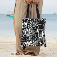 City Skyline Tote Bag | Black and White Linocut Cityscape Print | Premium Twill Fabric with Diamond Texture | Gift for Art Lover