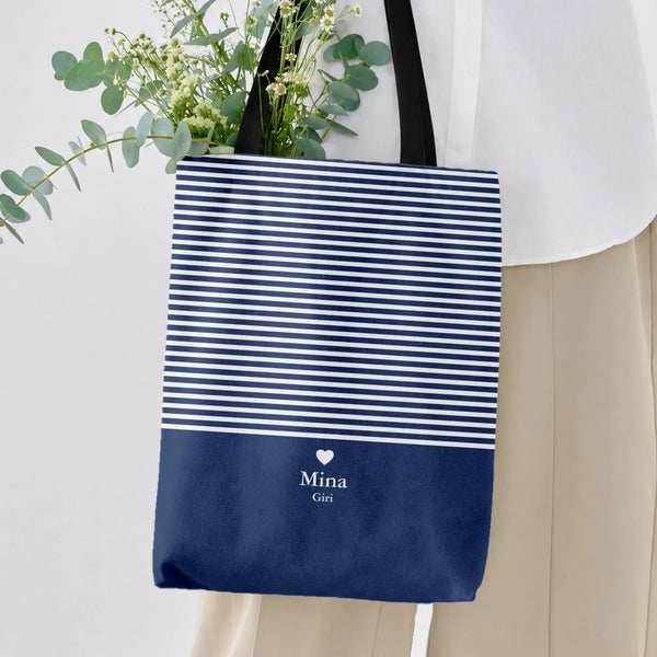 Nautical Striped Tote Bag | Navy Blue and White Breton Stripe Heart Design | Premium Twill Diamond-Grid Texture | Aesthetic G