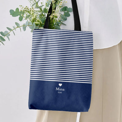 Nautical Striped Tote Bag | Navy Blue and White Breton Stripe Heart Design | Premium Twill Diamond-Grid Texture | Aesthetic Gift for Her