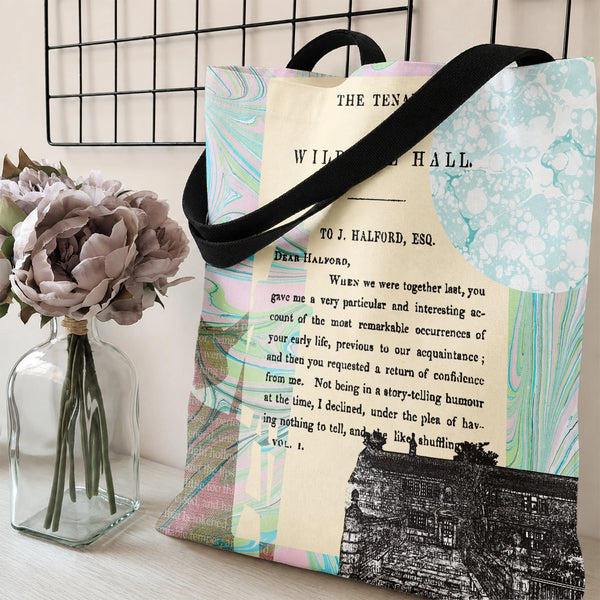Tenant of Wildfell Hall Tote Bag | Anne Brontë Book Page Marbled Collage Art | Premium Twill Diamond-Grid Texture | Gift for 