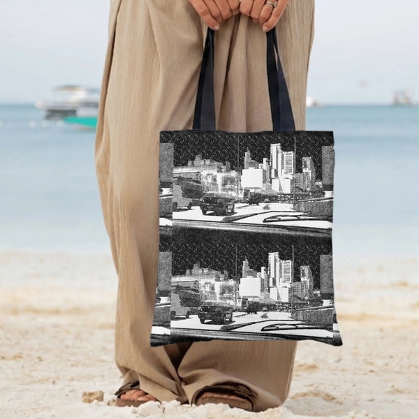 City Skyline Tote Bag | Black & White Urban Cityscape Illustration Art | Premium Composite Twill Fabric | Trendy Gift for Arc