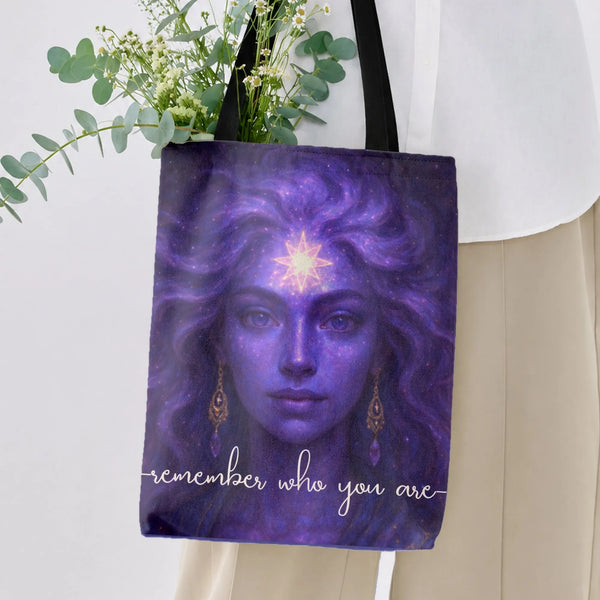 Cosmic Goddess Tote Bag | Celestial Third Eye Woman with Inspirational Quote Art | Premium Twill Fabric | Gift for Spiritual 
