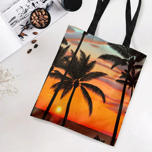 Palm Tree Sunset Tote Bag | Tropical Beach Silhouette Art | Premium Composite Twill Fabric | Aesthetic Gift for Beach Lovers