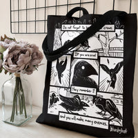 Crow Comic Tote Bag | Be Kind to Crows Black and White Ink Art | Premium Composite Twill Fabric | Gift for Crow Lover and Bird Enthusiast