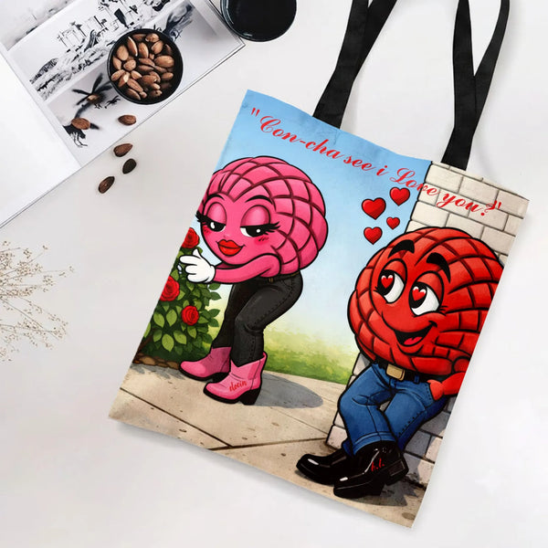 Concha Love Tote Bag | Cute Mexican Pan Dulce Couple Cartoon Art | Premium Twill Diamond-Grid Fabric | Romantic Gift for Pan 