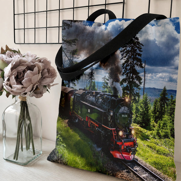 Steam Train Tote Bag | Vintage Locomotive Mountain Forest Photography Art | Premium Twill Diamond-Grid Texture | Gift for Rai