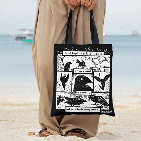 Crow Comic Tote Bag | Be Kind to Crows Black and White Ink Art | Premium Composite Twill Fabric | Gift for Crow Lover and Bir