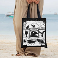 Crow Comic Tote Bag | Be Kind to Crows Black and White Ink Art | Premium Composite Twill Fabric | Gift for Crow Lover and Bird Enthusiast