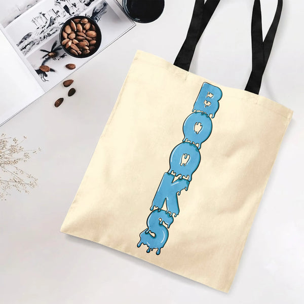 Books Tote Bag | Blue Melting Drip Typography Art | Premium Twill Diamond-Grid Texture | Gift for Book Lovers and Readers