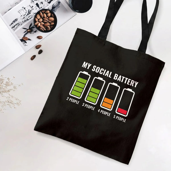 Social Battery Tote Bag | Funny Introvert My Social Battery Charge Chart | Premium Twill Fabric | Humorous Gift for Introvert